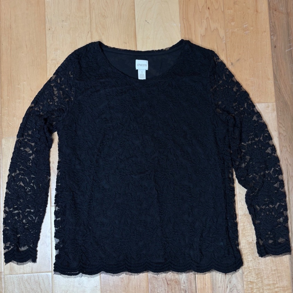 Chico's Lace Top Women Size 1 Black Long Sleeve Floral Scoop Neck Scalloped Hem